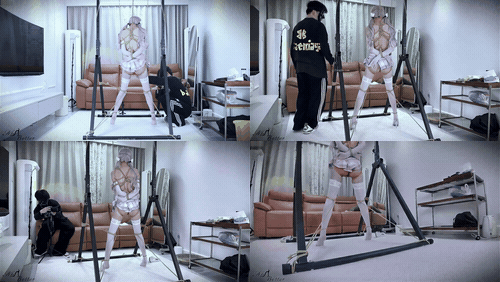 ⚫️新品福利，女奴母狗训练工作室【贝特Better】蓝发美少女嫩妹吊桩捆绑口含道具调教.gif